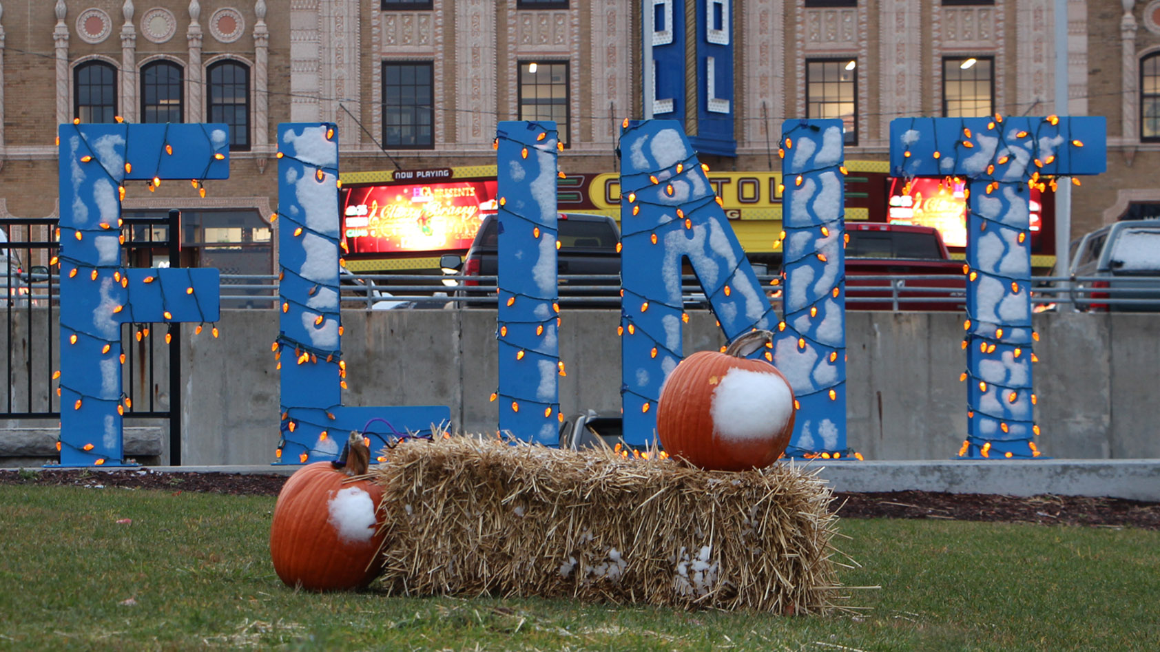 Flint sign decorated for Halloween