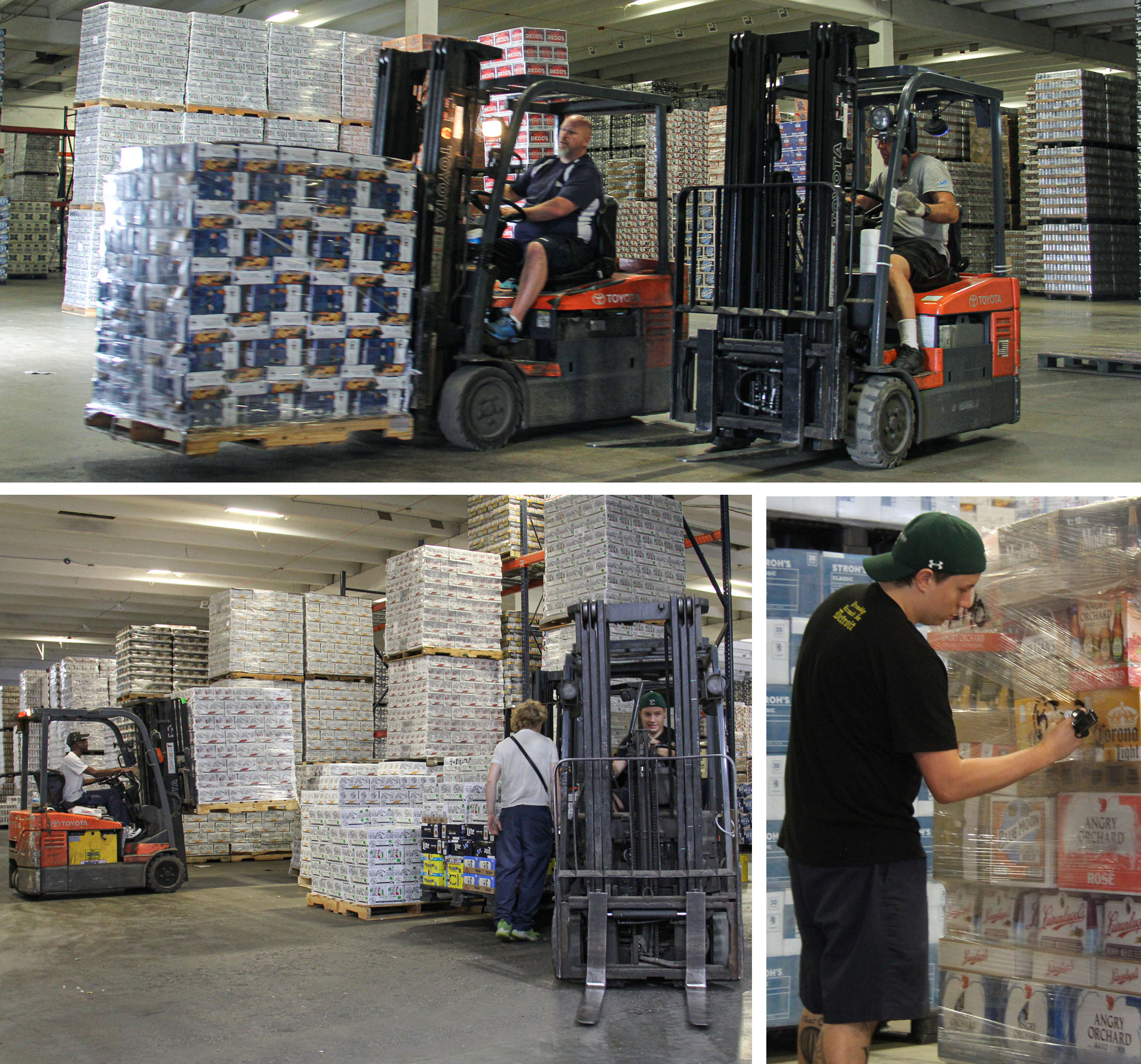 Warehouse employees working inside beer distributor