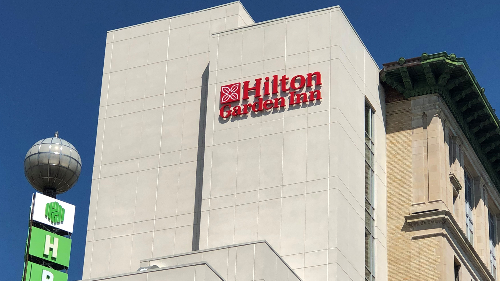 Exterior shot of the Hilton Garden Inn in downtown Flint