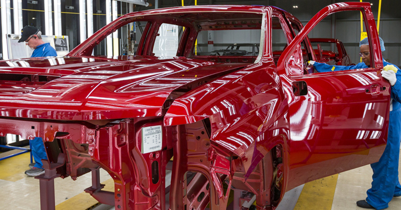 A 2020 Chevrolet Silverado HD in the paint shop at General Motors Flint Assembly.