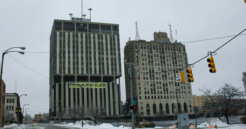 Genesee Towers before it is demolished, downtown Flint