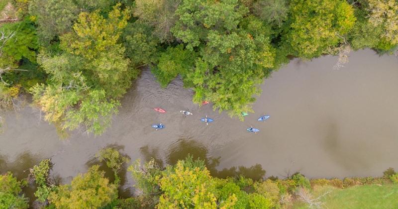 Aerial view of kayakers on the Flint River