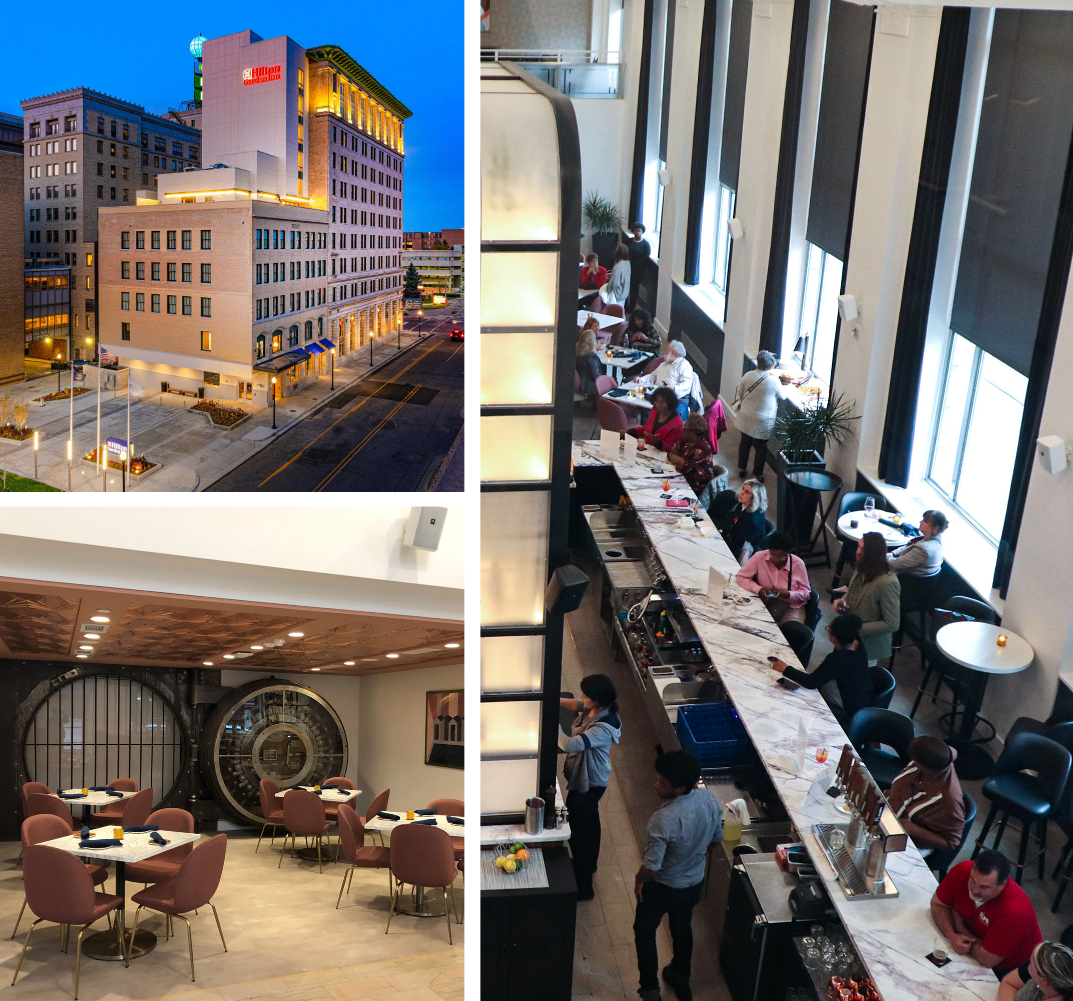 Inside and outside views of the Hilton Garden Inn Downtown Flint