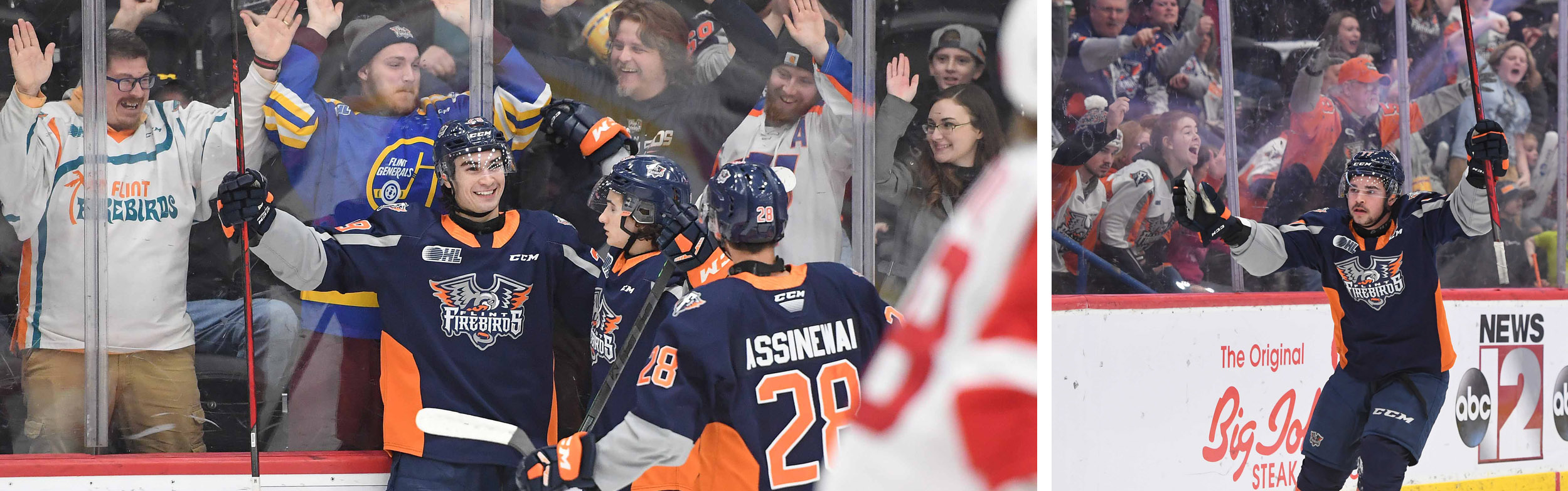 Flint Firebirds hockey players play in front of cheering crowds