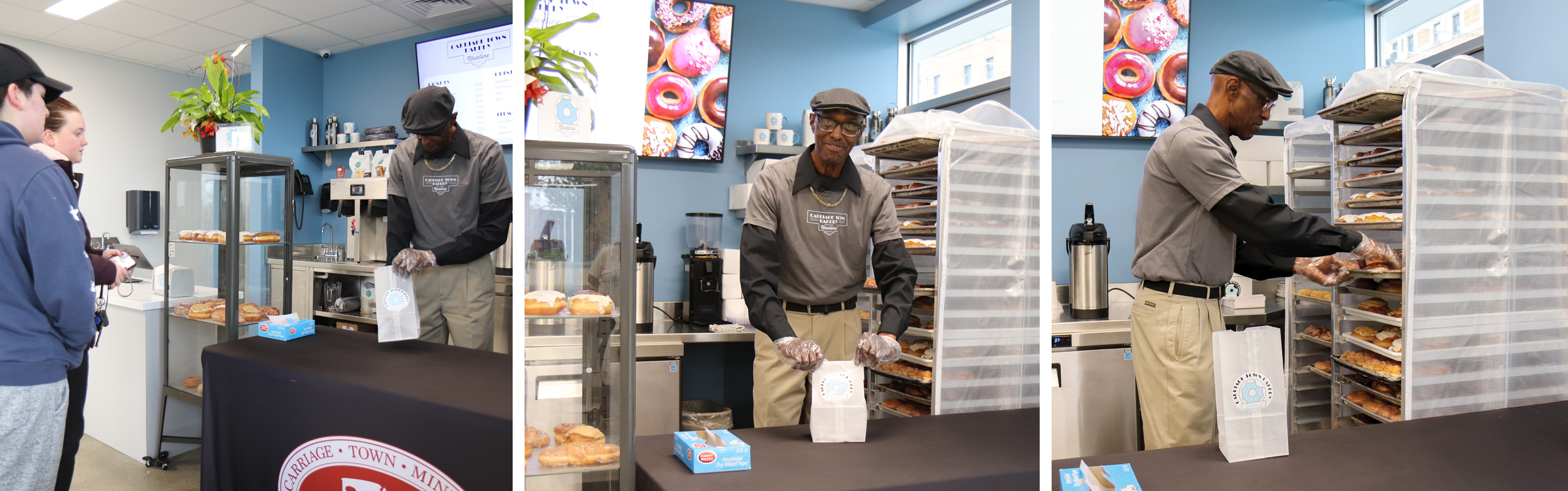 Employee selling doughnuts at Carriage Town Bakery