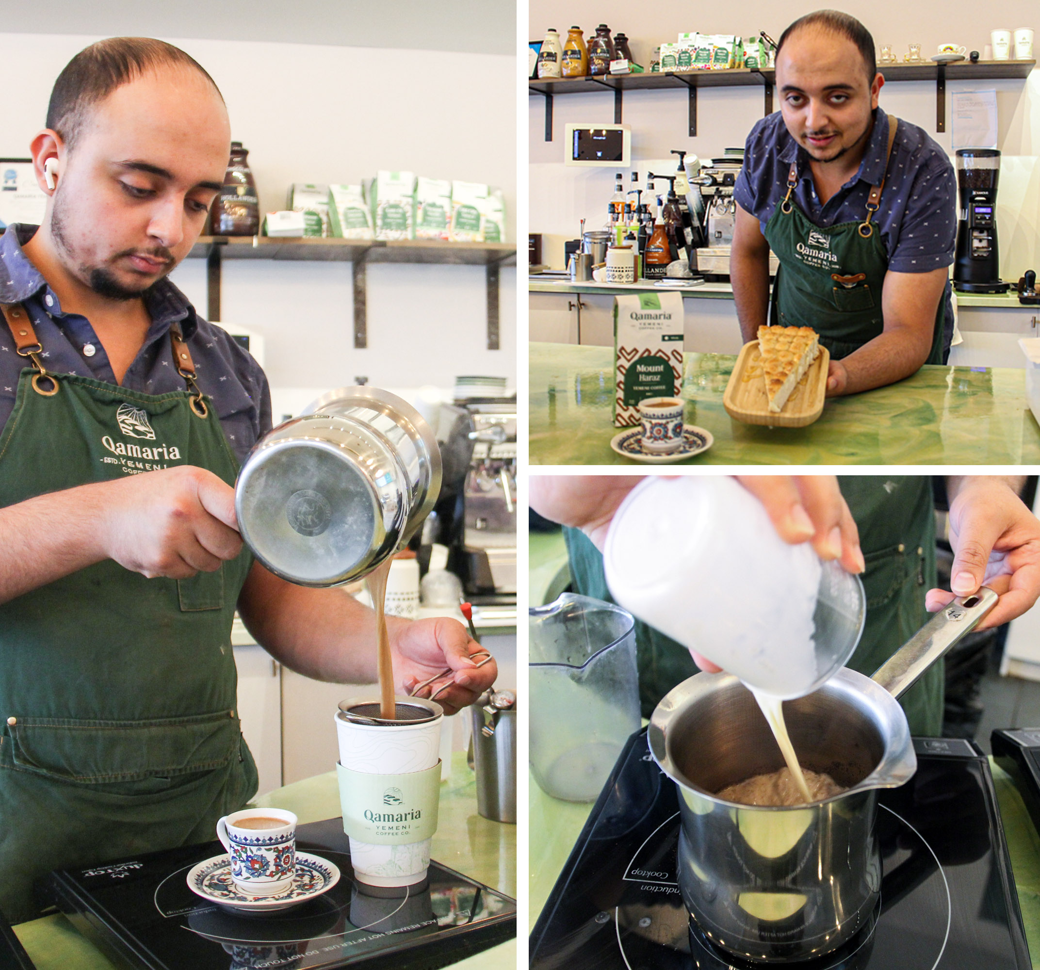 An employee at Qamaria Yemen Coffee prepares a customer a coffee