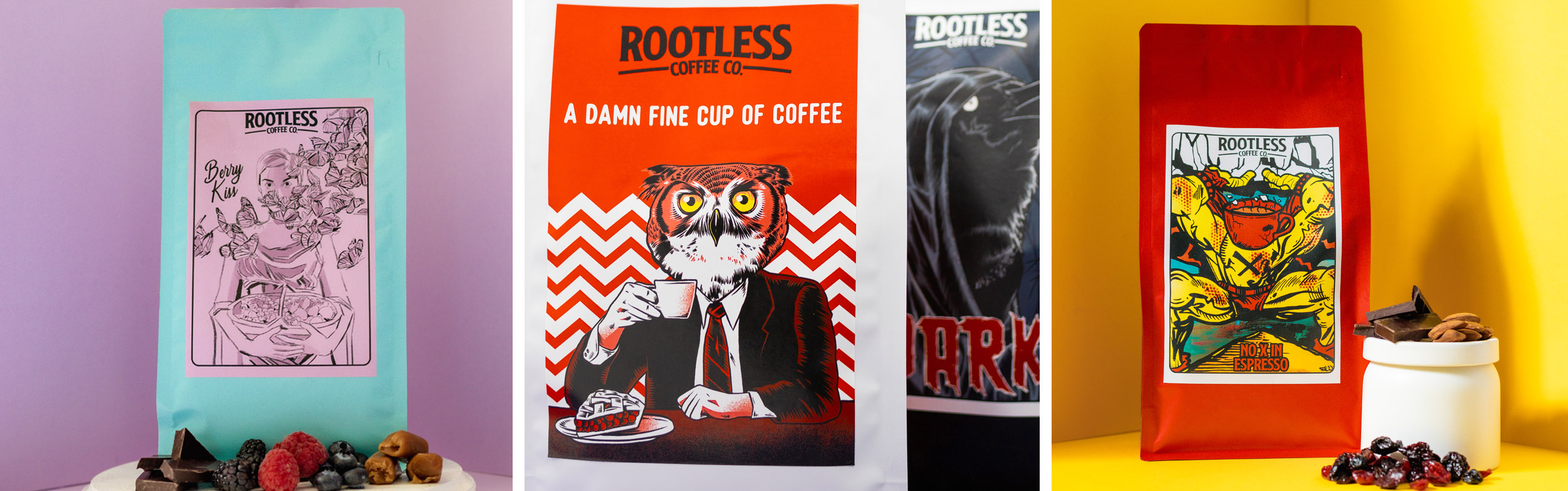 Four packages of various flavors of Rootless coffee.