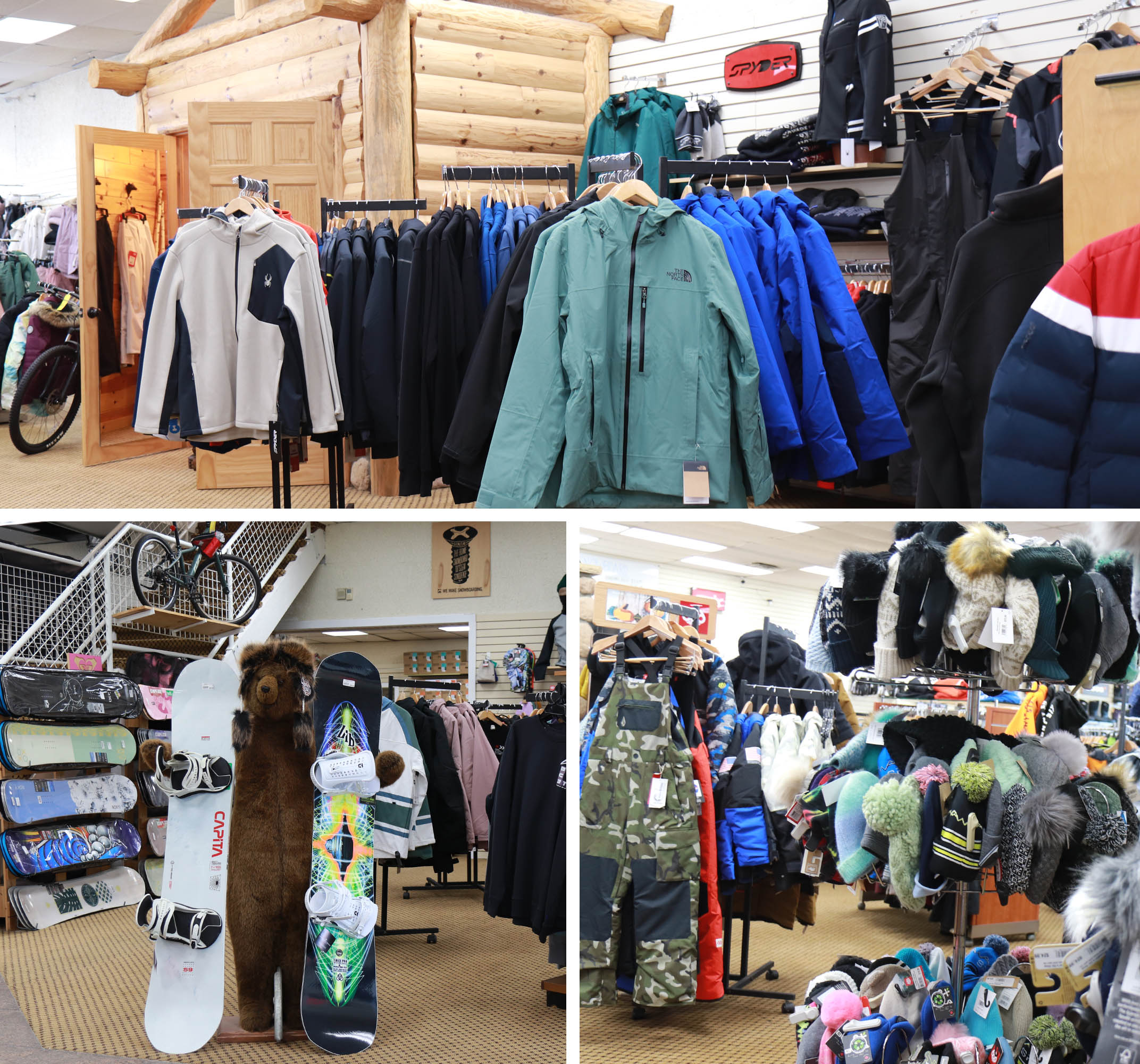 Racks of ski jackets, ski hats and snow boards are for sale inside the Shumaker Ski Shop.