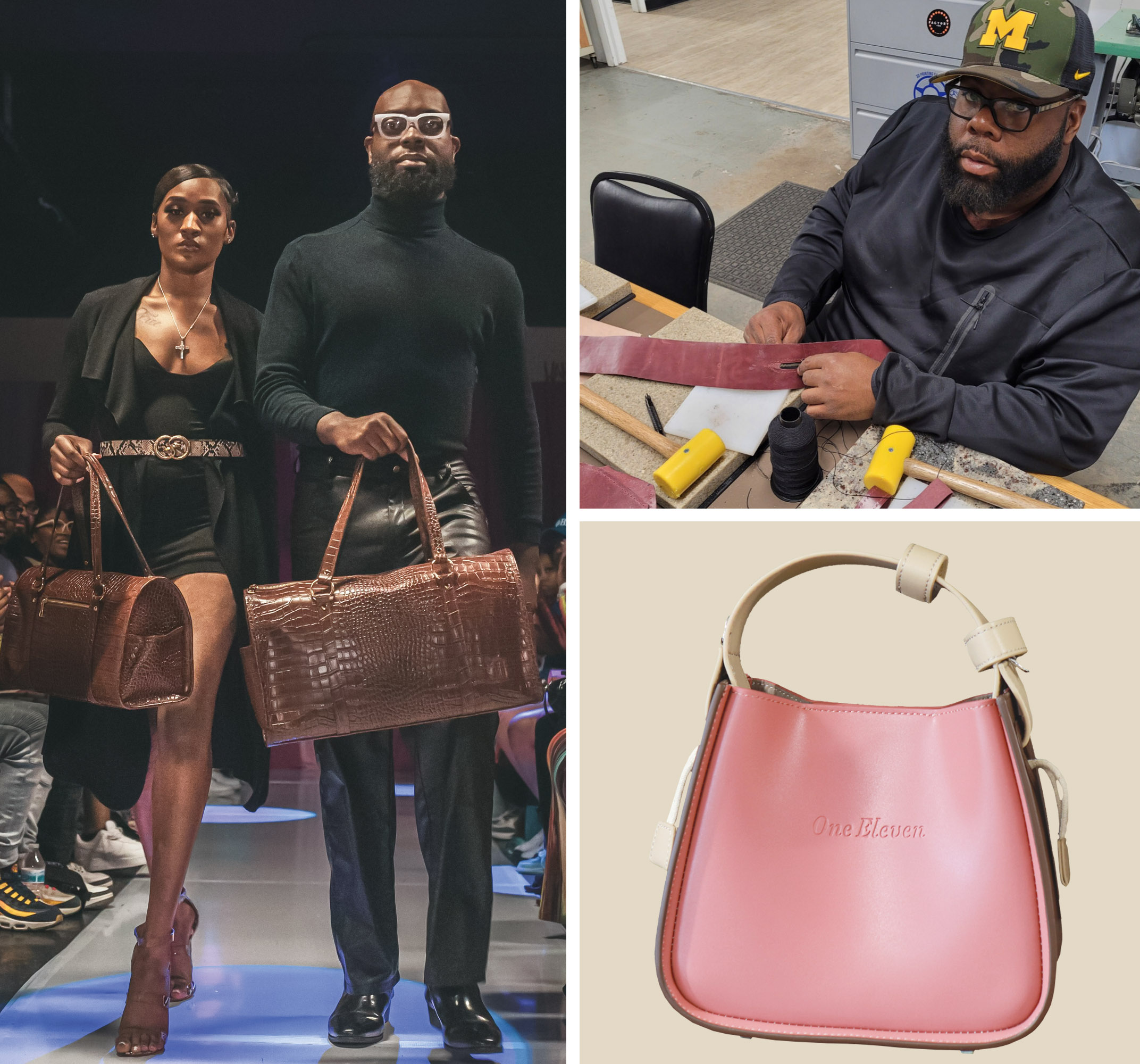 A female and male model walk a fashion show runway each holding a 1:Eleven leather carry-on and duffel bag. Inset photo is Miracle McGlown at his worktable cutting pieces of leather for his next leather bag.