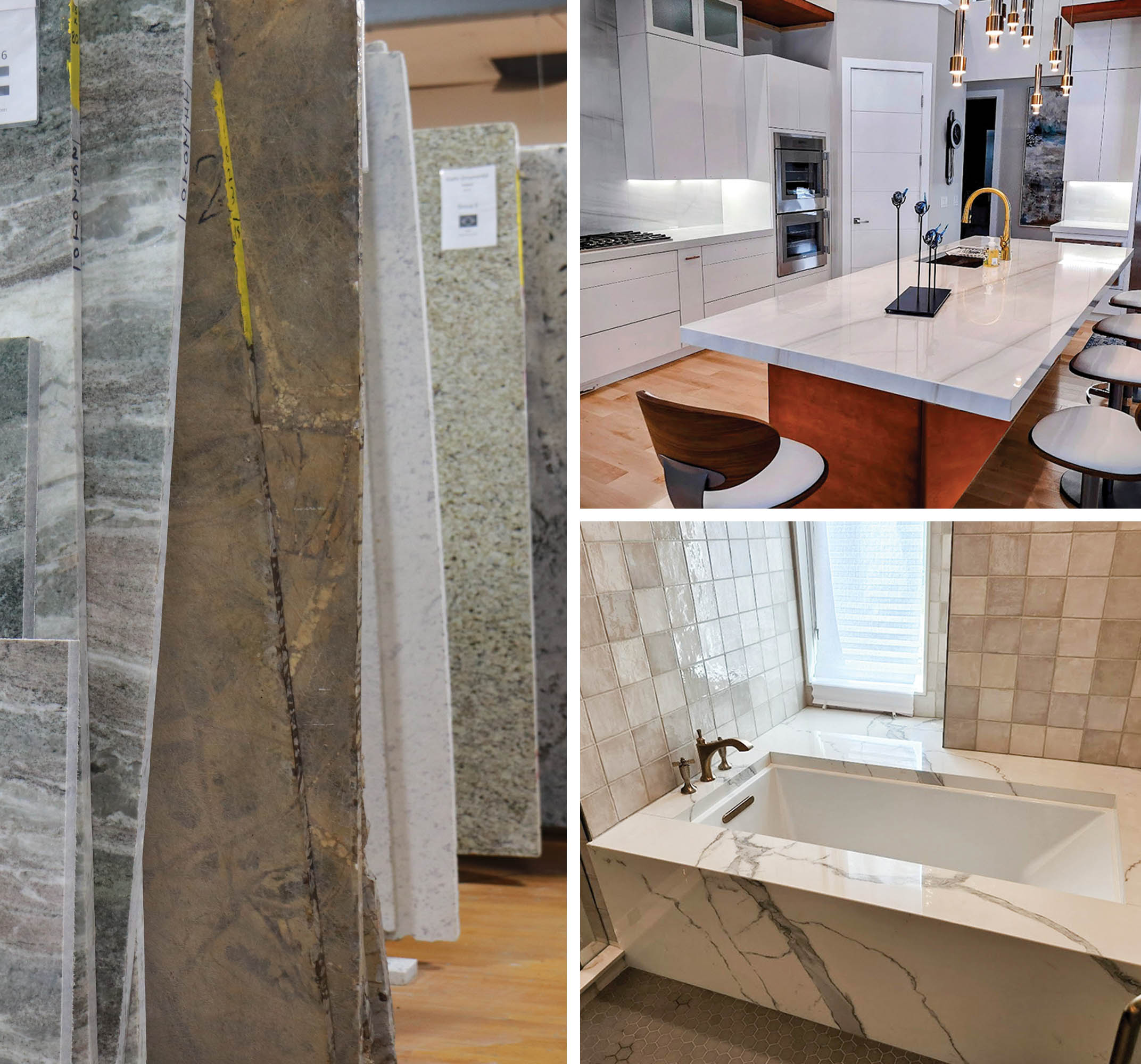 A collage of images. Starting from left are slabs of granite inside a warehouse. Top right is a white kitchen with a marble-topped island. Right bottom is a large bathtub with a marble surround.