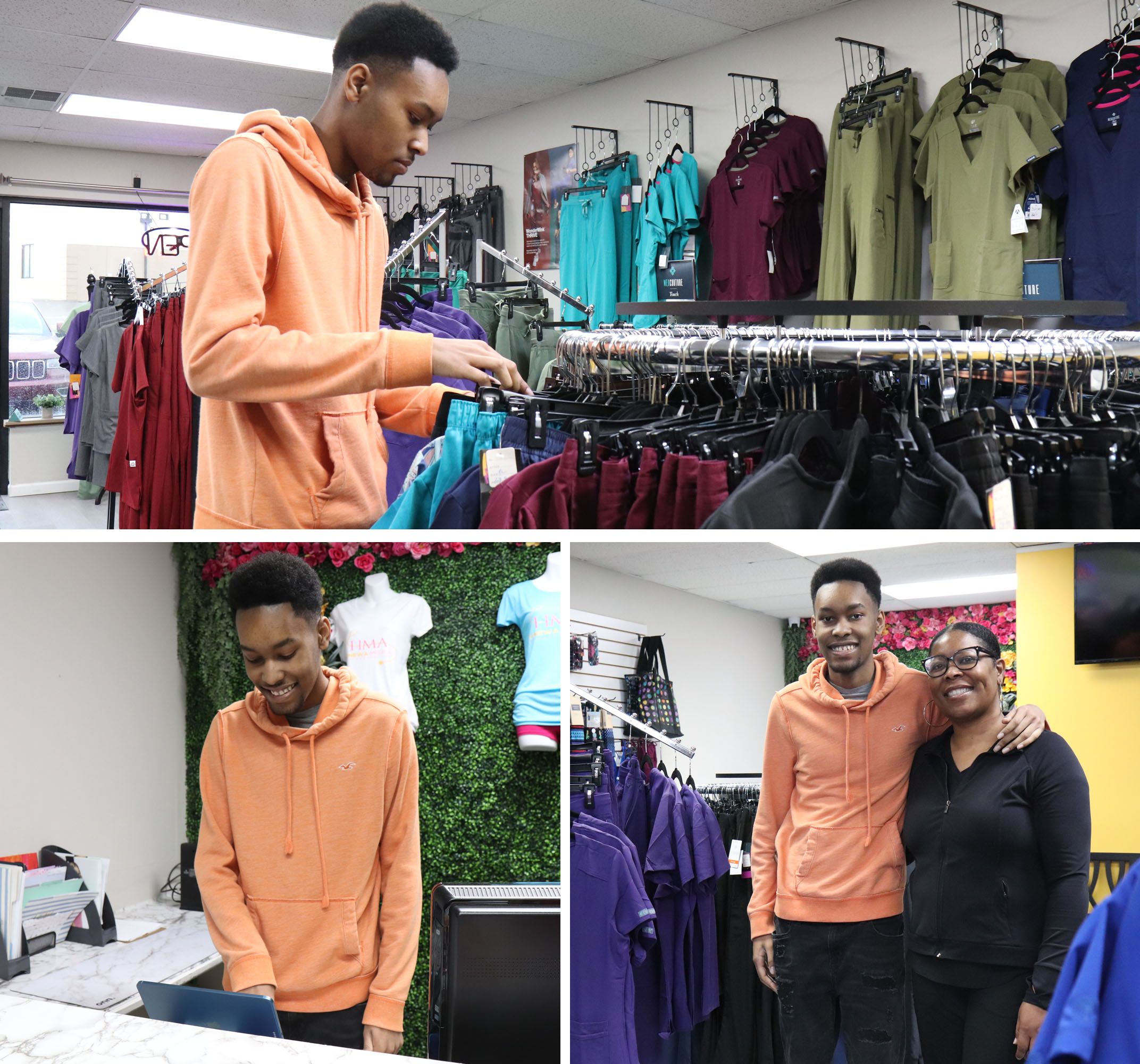 A collage of photos of a young man in tangerine-color hoodie works inside a retail clothing store straightening the racks of clothes, working the cash register and standing next to his mother, the owner of the store.
