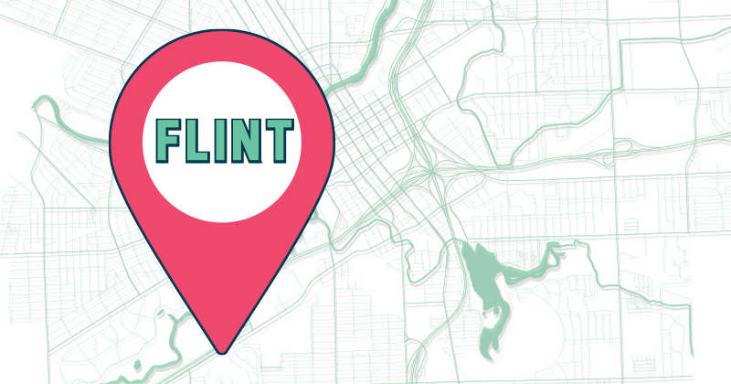 Map of Flint with streets in green and a red pin point with the word "Flint" in the middle.