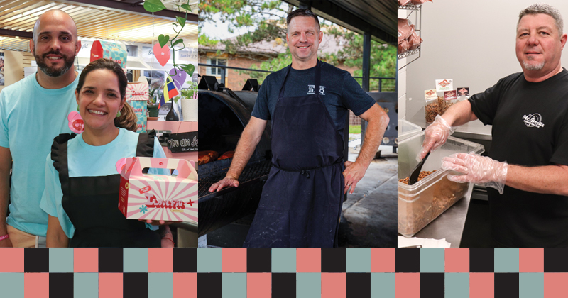 Food entrepreneurs from left to right: Husband-and-wife inside their I Love Pig booth at the Farmers' Market. Both are wearing brand color turquoise green shirts and the wife is holding a I Love Pig takeout box. Middle image is of a man in a black t-shirt and black food apron next to a large smoker grilling a slab of ribs. Last image on the right is a man stirring seasonings into a large plastic container of small pretzels.