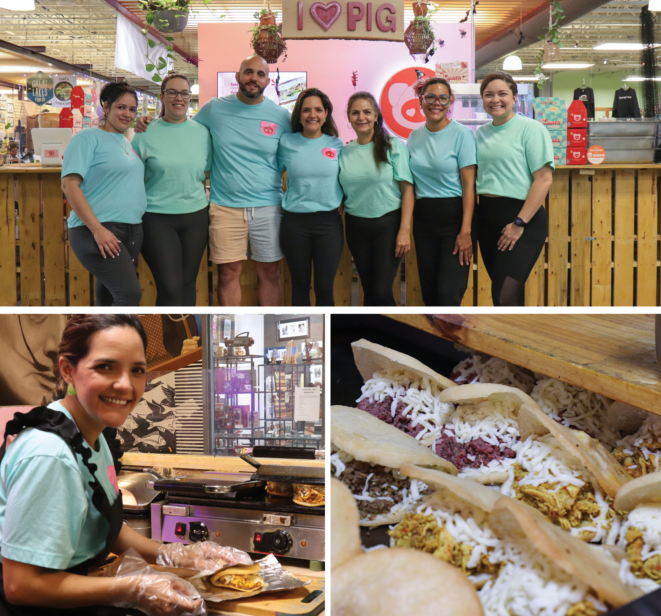 Collage of photos of I Love Pig booth at the Flint Farmers' Market. Top seven employees wearing branded turquoise and pink shirts stand in front of their booth. Bottom left, owner wraps an arepas sandwich in foil. Bottom right, rows of stuffed arepas are ready to be grilled on a Panini Press.