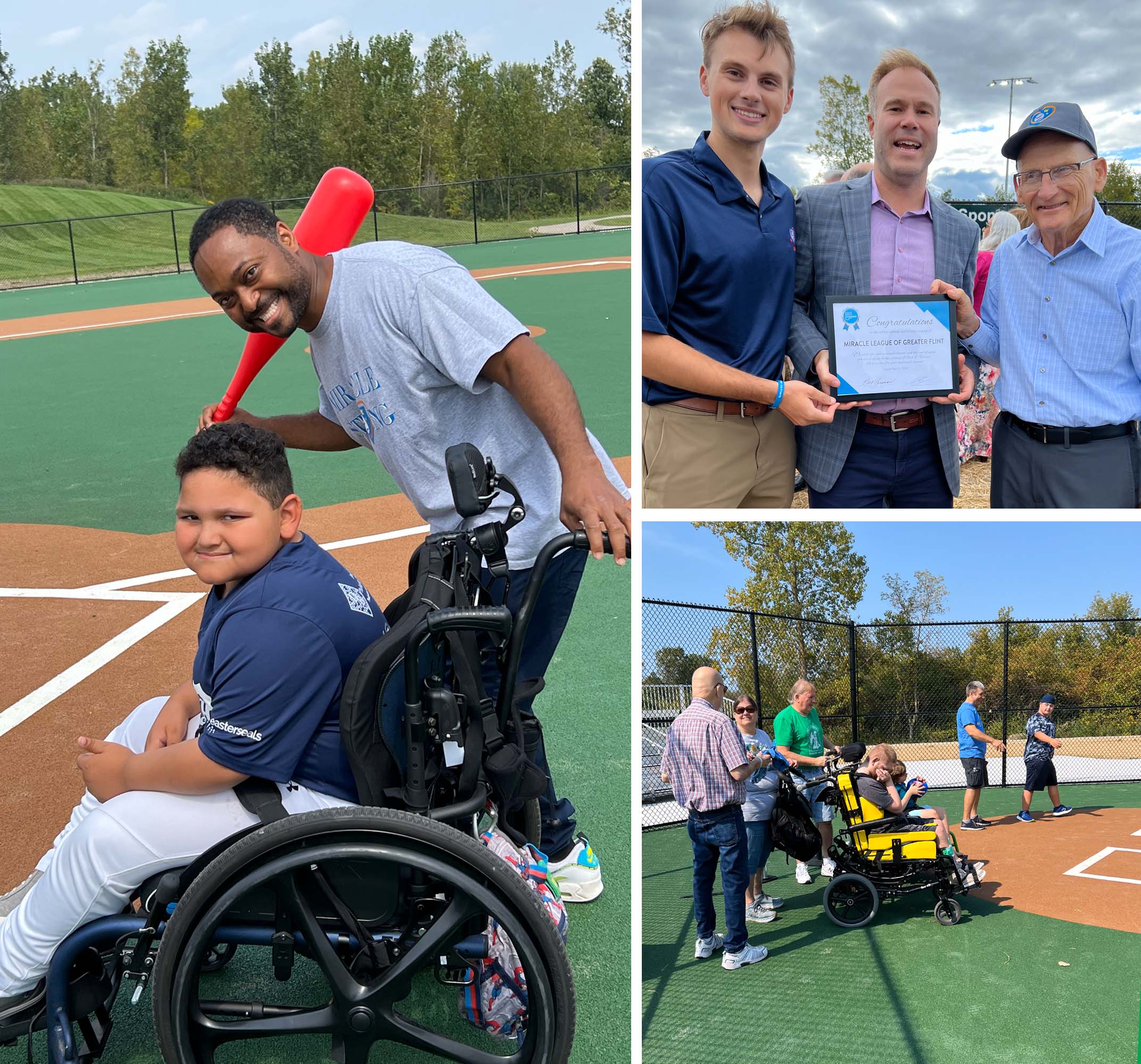 A collage of photos taken at an accessible ballfield for children in wheelchairs.