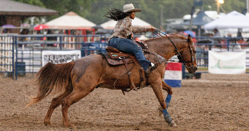 A cowgirl races her brown horse in the rain across the mud during a rodeo at the fairgrounds.