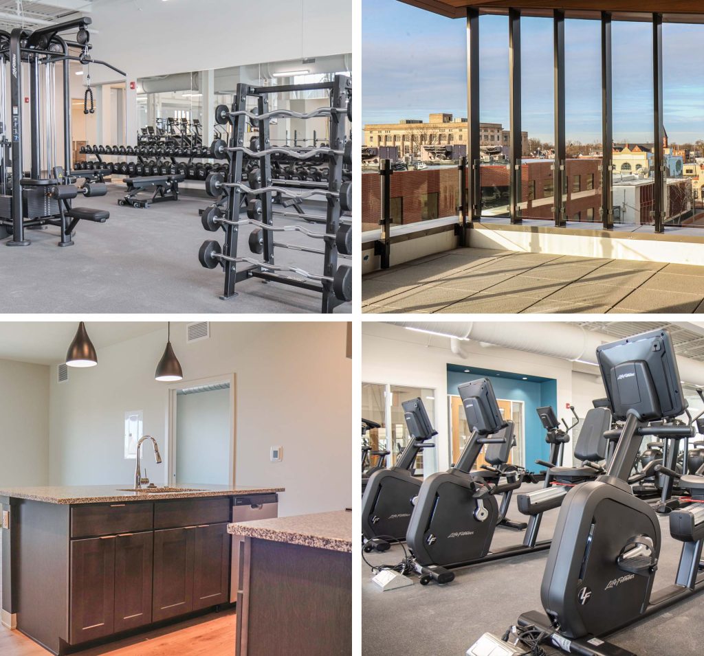 A collage of photos of the new LiveWell multi-use development. Upper left and lower right show exercise equipment in the new YMCA facility. Upper right and lower right show the inside of the new apartments.