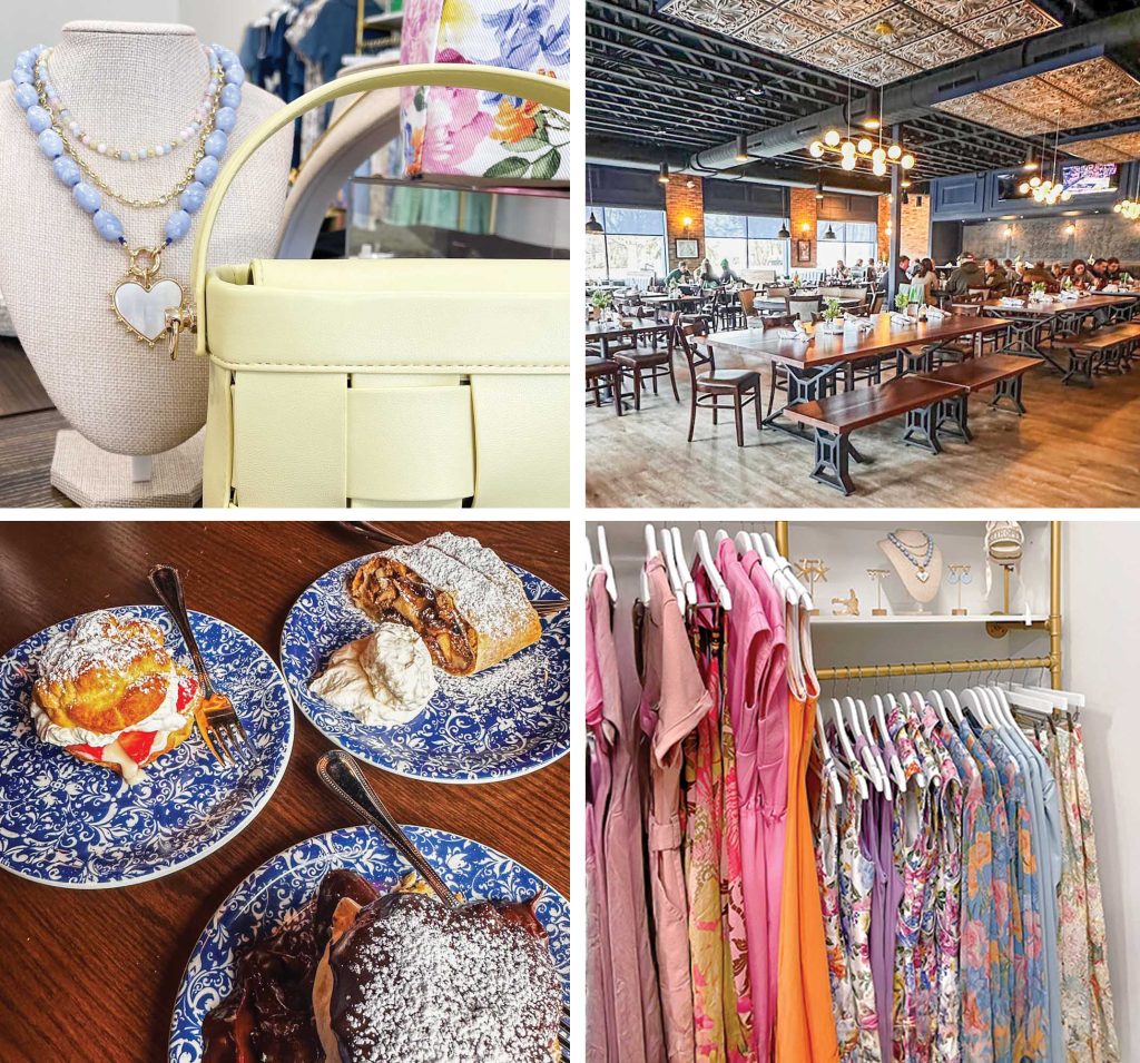 Photo collage showing two businesses in a new multi-use development, The Garden Building. The top left and bottom right photos show apparel sold at Clothed Boutique. The top right and lower right show the inside of Irene's Craft Kitchen & Biergarten and a selection of desserts served there.