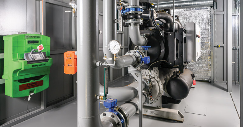 A cooling system, housed in a modular mechanical room, features two 250-ton water-cooled chillers.