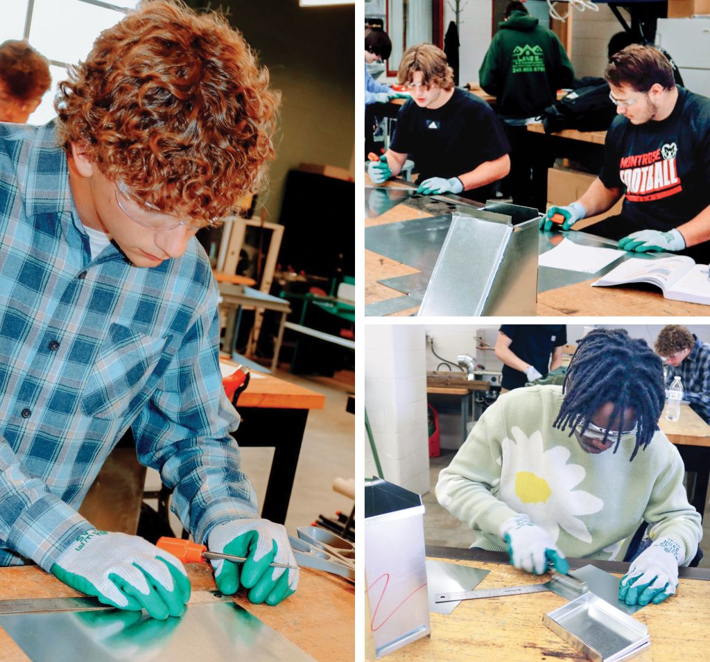 A collage of three photos showing high school students working on metal project in an HVAC certification class