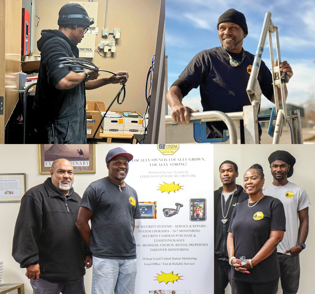 Collage of photos showing the staff of the security system and technicians installing security systems.
