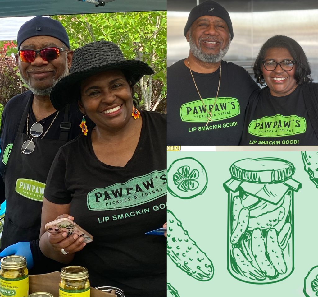 Collage of photos show husband and wife who are displaying their jars of pickles they make and sell.